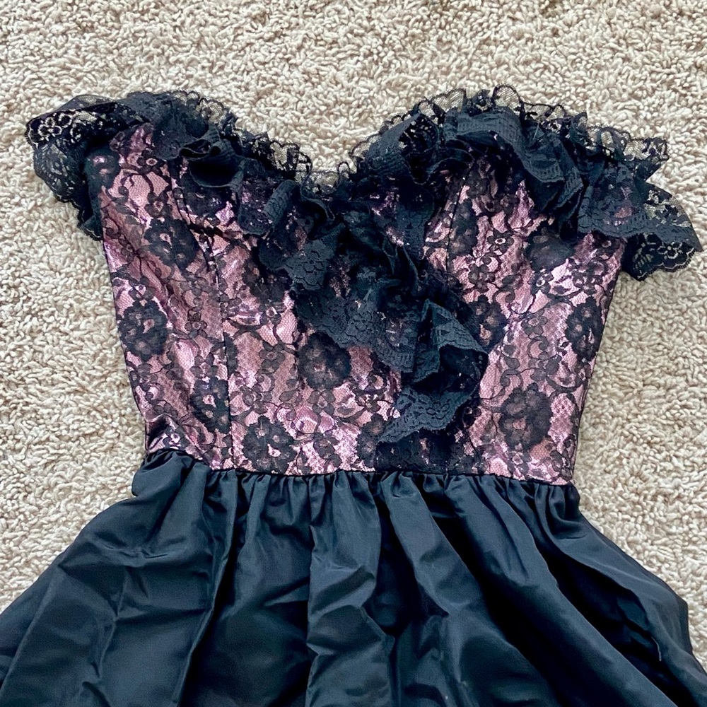 Goth Vintage Black and Pink Lace Strapless Prom Dress
